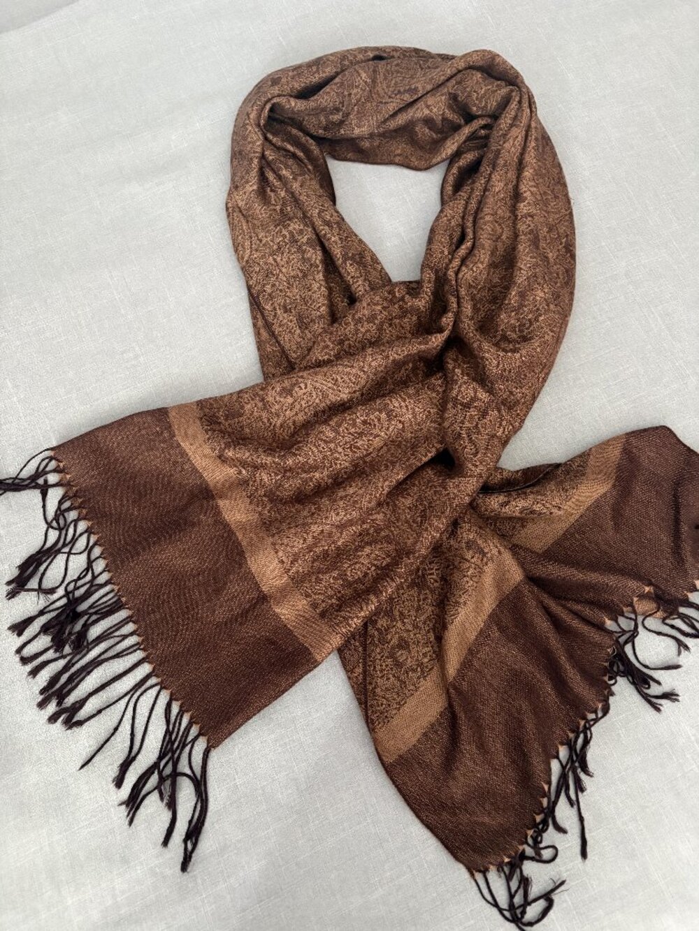 Brown Paisley Pashmina Style Fringe Shawl Scarf Wrap Boho One Size